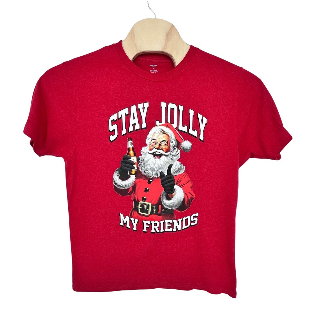 Stay Jolly My Friends Santa Graphic Tee Mens Large Red Christmas Holiday Time